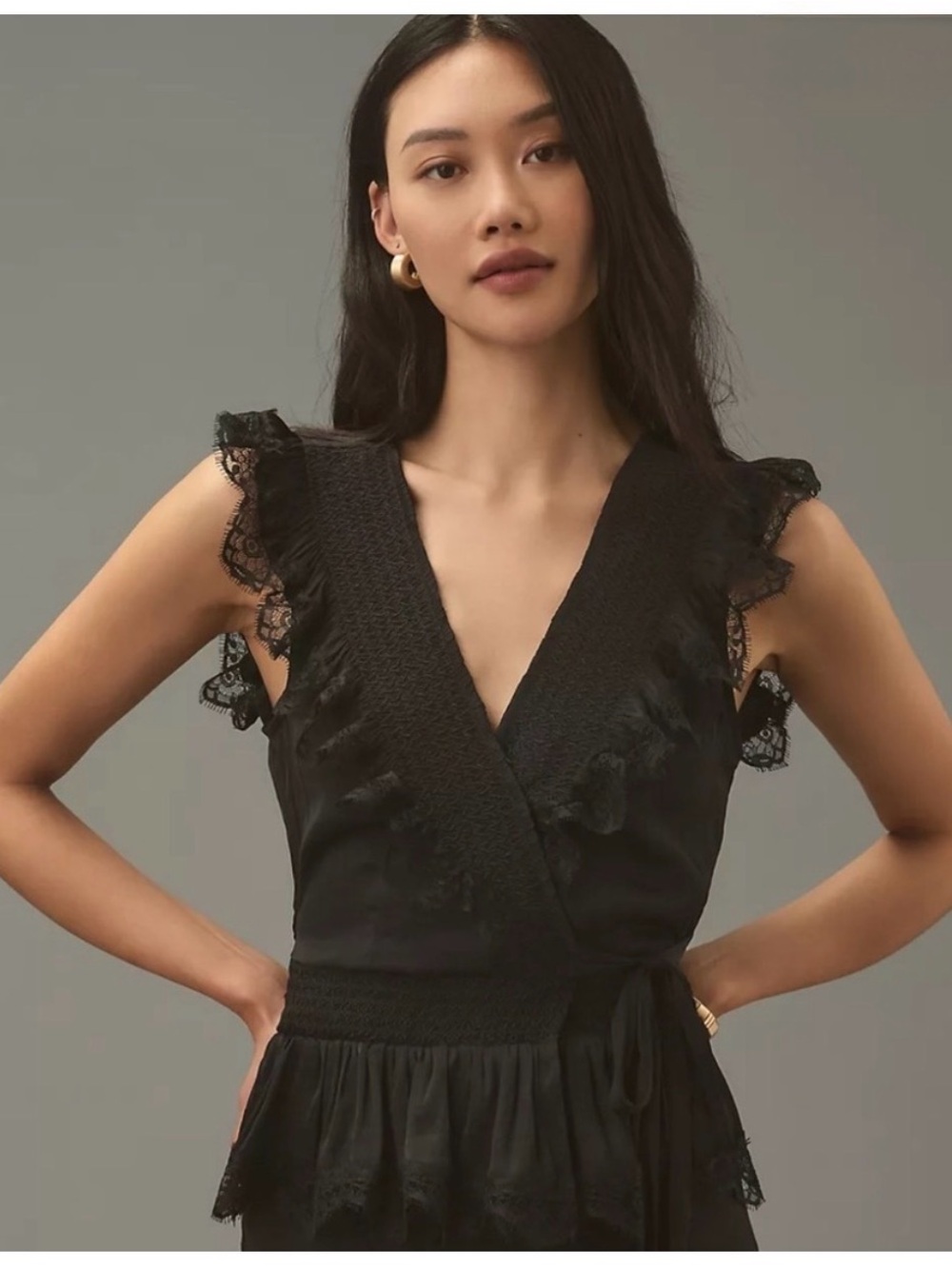 Anthropologie Black Lace-Trim Sleeveless Wrap Top